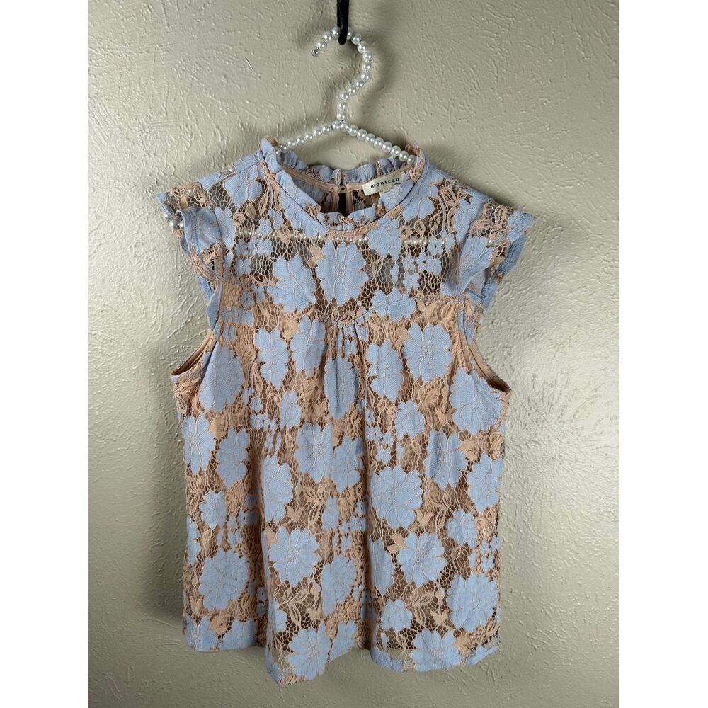 Monteau Lace Top Size Large Sleeveless Blue Beige Preppy Spring Floral Blouse